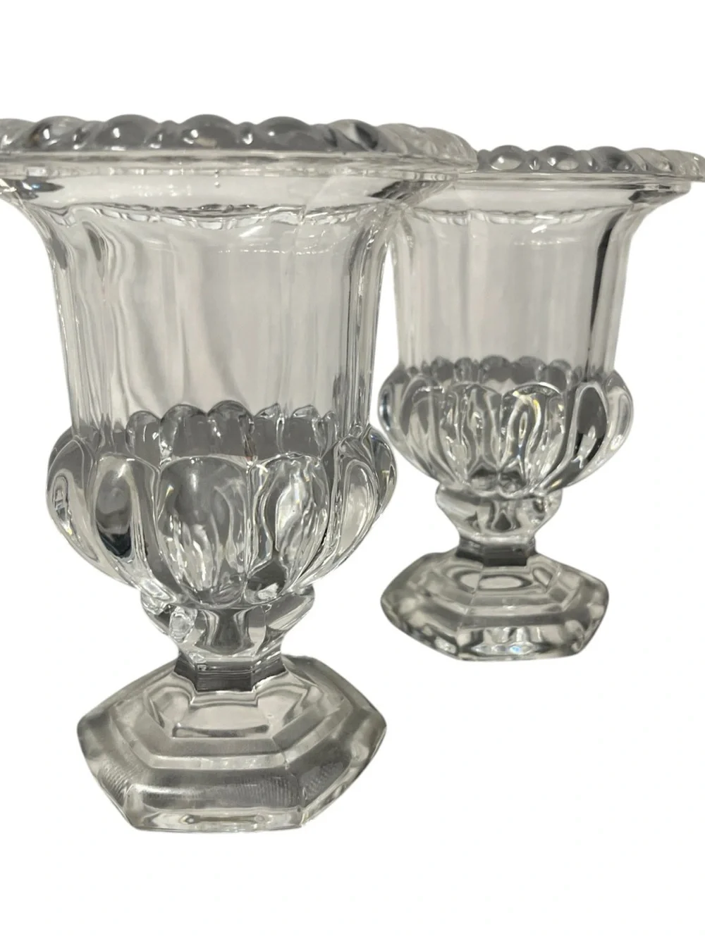 Set X 2 Unmarked Clear Glass Pedestal Vase Fluted Ribbed Scalloped Classic Decor